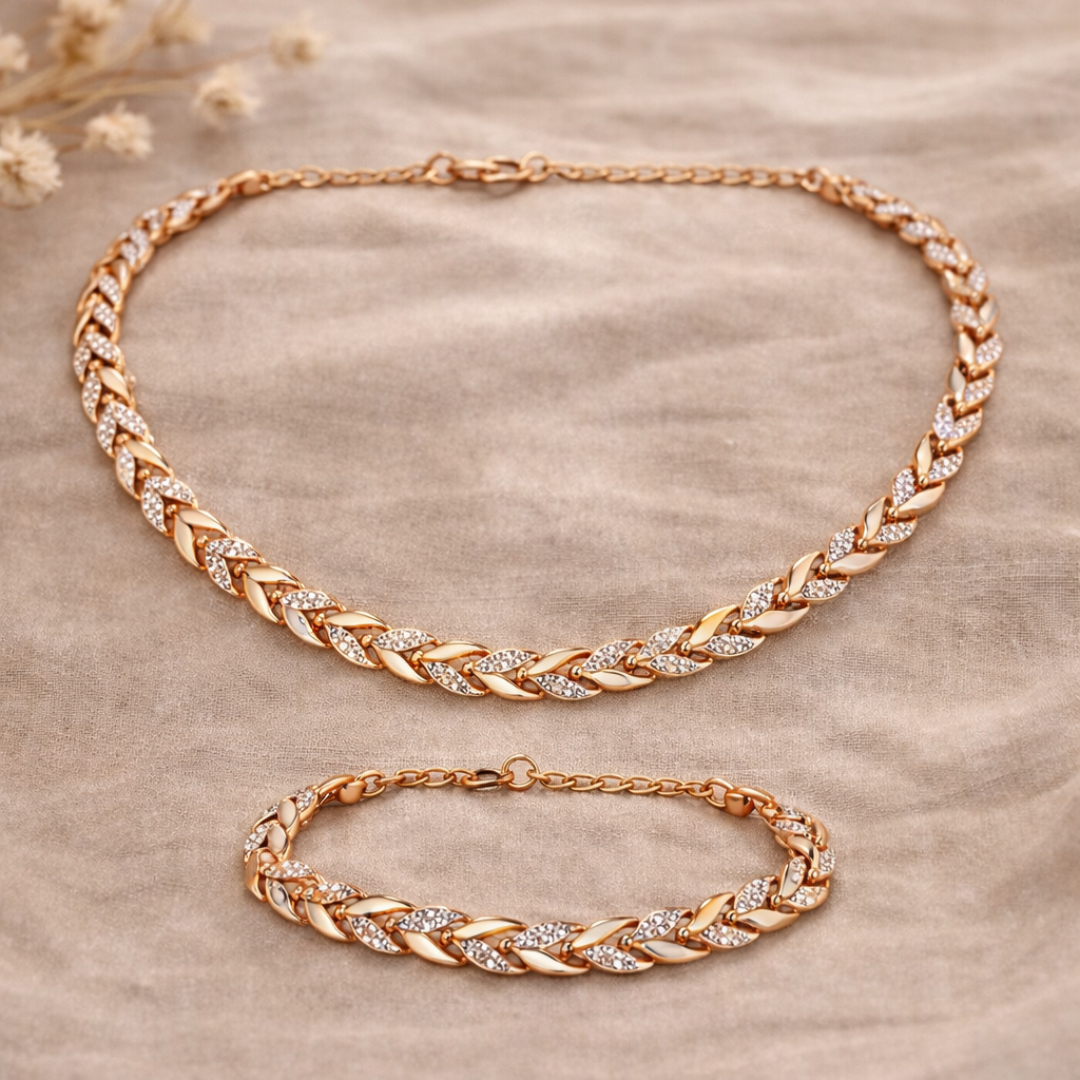 Elegant Rhinsten & Glas Smykkesæt – Halskæde og Armbånd i Sølvlook