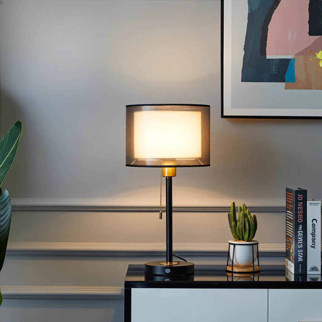 Dobbelt Stofskærm Bordlampe med Metalbase