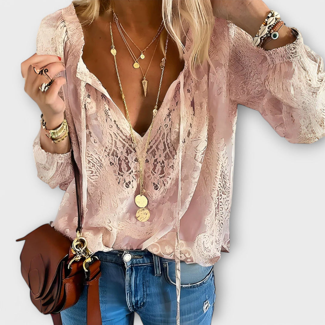 Zeleste | Kvinders Blonde V-Hals Bluse Langærmet Boho Top