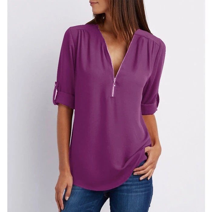 Rosé | Kvinders Zip-Up V-Hals Halværmet Casual Bluse Top