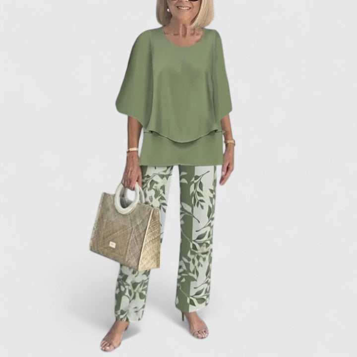 Fern | Kvinders afslappede blomsterprint top og brede bukser sæt