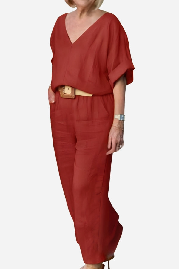 Carmen | Kvinders V-hals Batwing Top og Straight-Leg Bukser Sæt