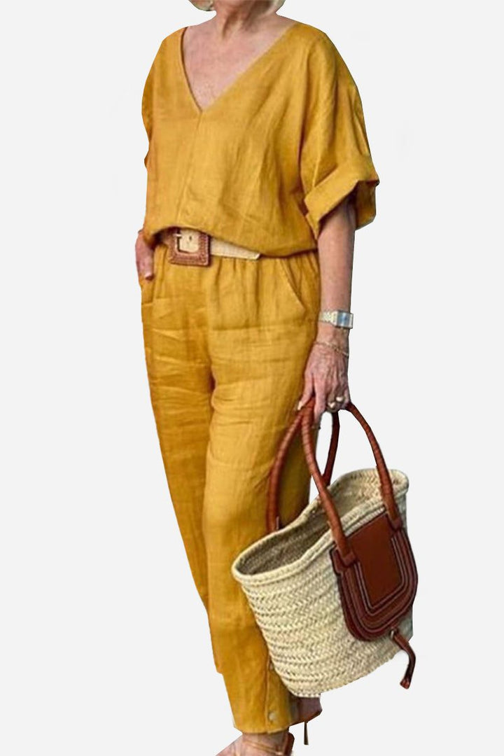 Carmen | Kvinders V-hals Batwing Top og Straight-Leg Bukser Sæt
