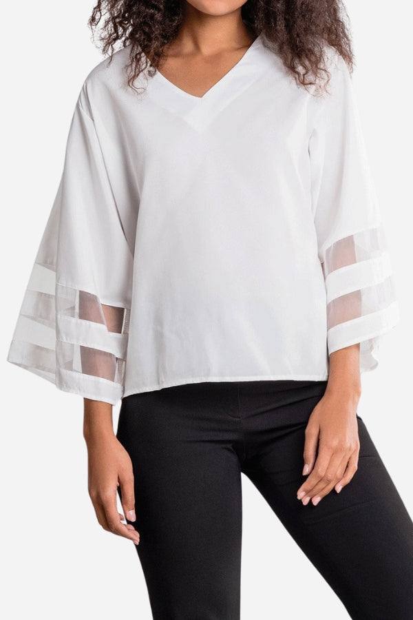 Celeste | Kvinders V-hals Bluse med Bellærmer og Mesh Panel Detalje