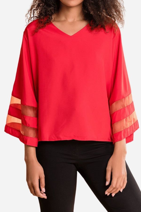Celeste | Kvinders V-hals Bluse med Bellærmer og Mesh Panel Detalje