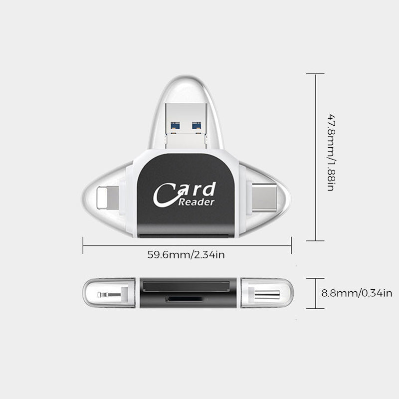 4-i-1 Kortlæser med USB, USB-C, Micro USB og Lightning