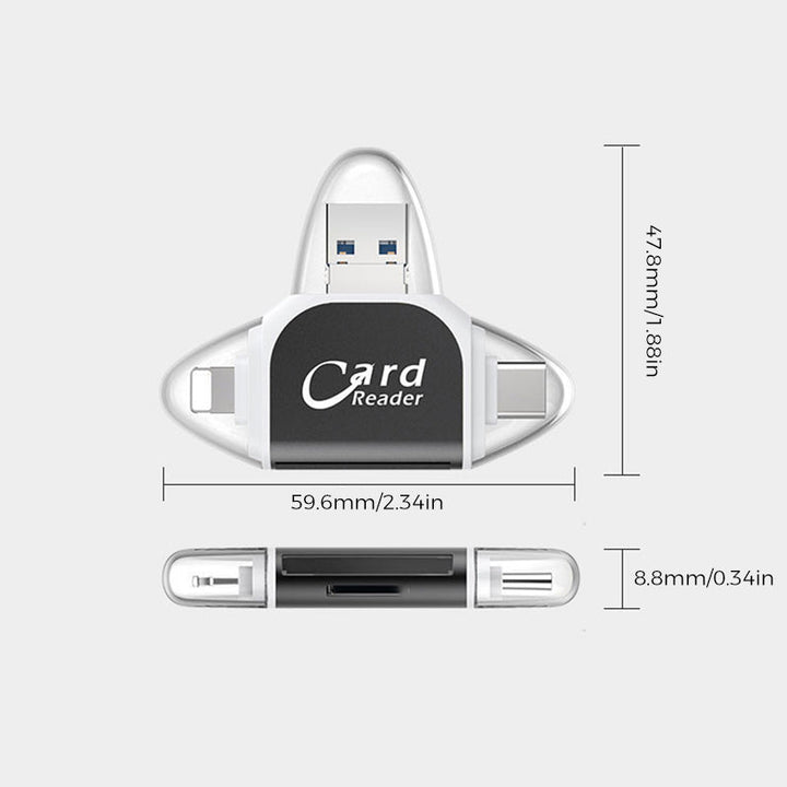 4-i-1 Kortlæser med USB, USB-C, Micro USB og Lightning
