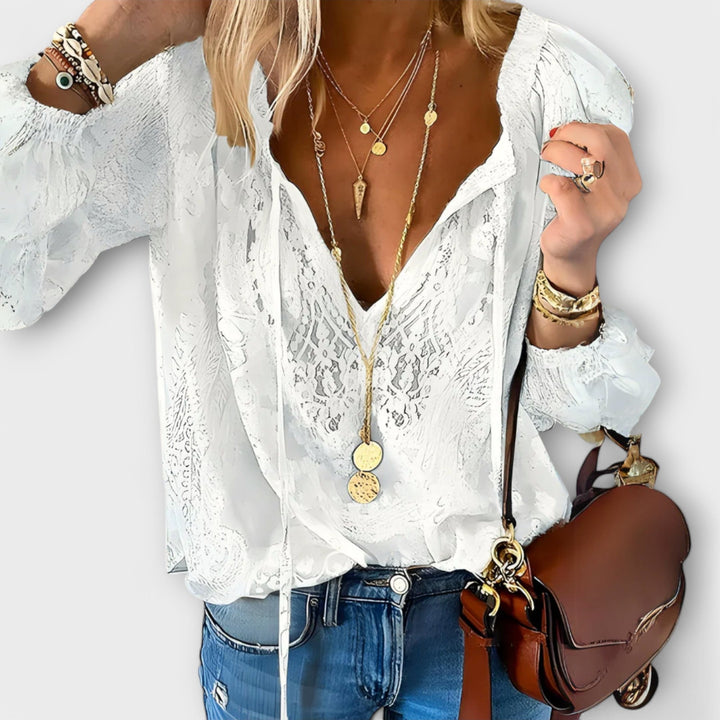 Zeleste | Kvinders Blonde V-Hals Bluse Langærmet Boho Top