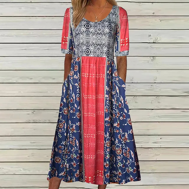 Janine™ | Kjole med Bohemisk Print og Rund Udsnit