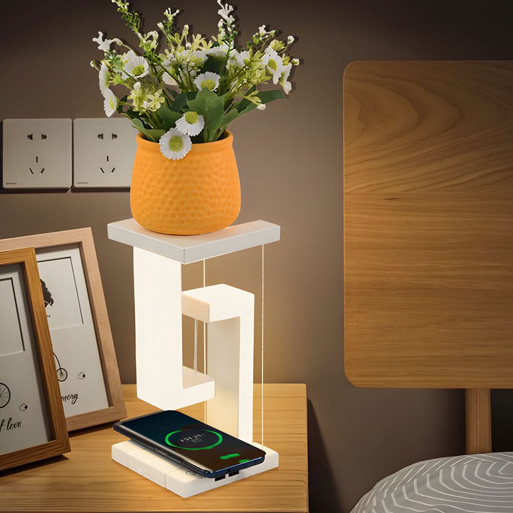 Svævende LED Bordlampe med Trådløs Opladning og Blødt Ambient Lys
