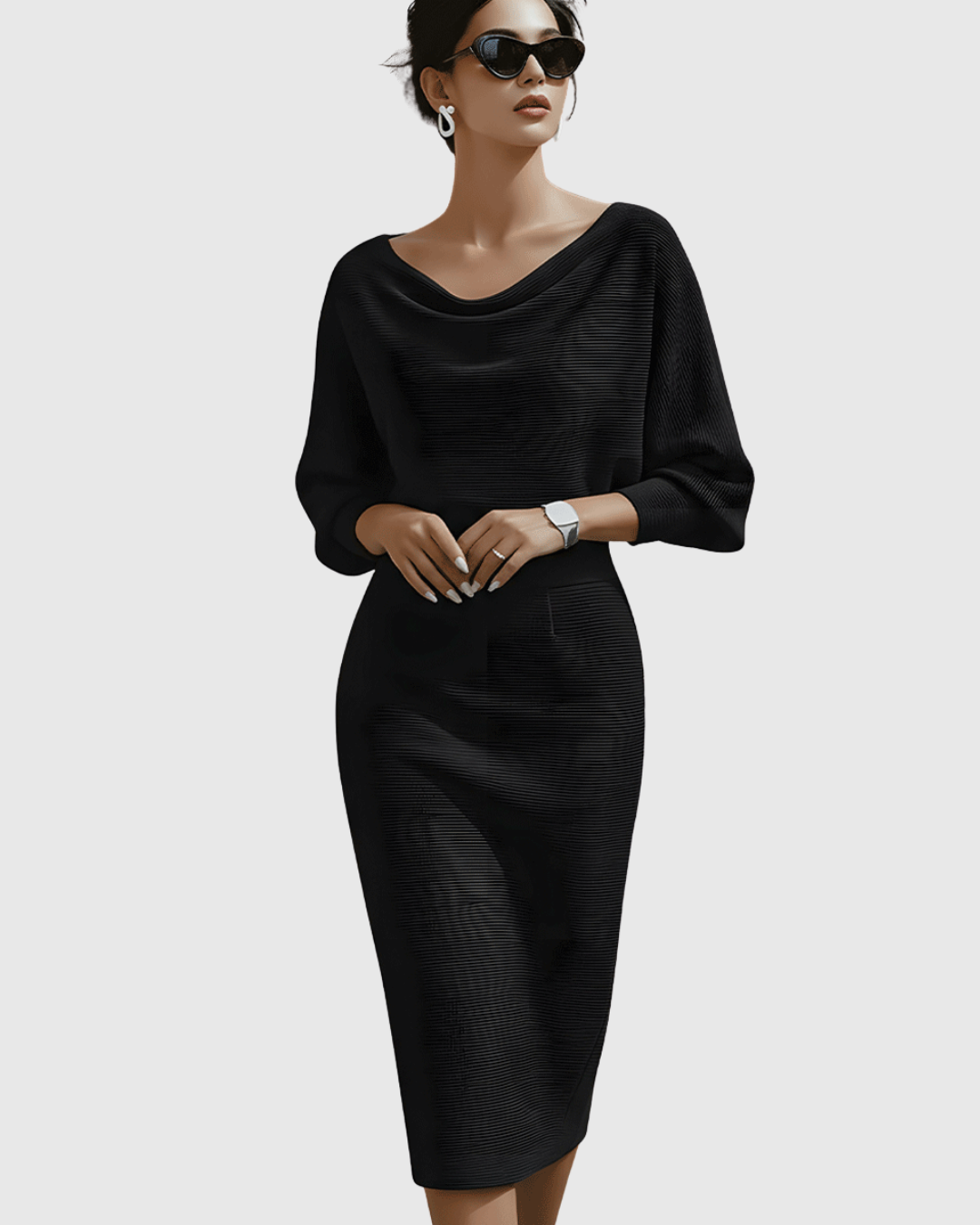 Vivienne | Kvinders Cowl Neck Batwing Ærme Ribbet Midi Kjole