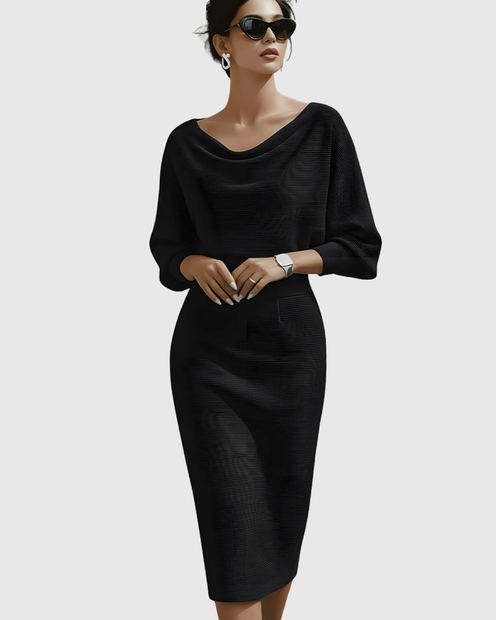 Vivienne | Kvinders Cowl Neck Batwing Ærme Ribbet Midi Kjole
