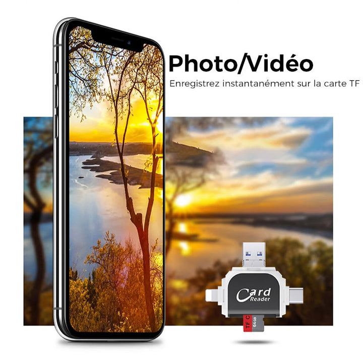 4-i-1 Kortlæser med USB, USB-C, Micro USB og Lightning