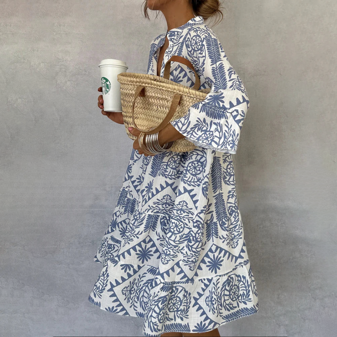 Celeste | Kvinders Boho Print V-Hals 3/4 Ærme Swing Kjole