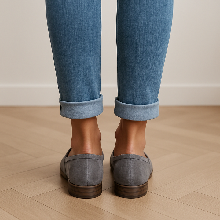 Grå ruskindslook loafers til kvinder med lav hæl