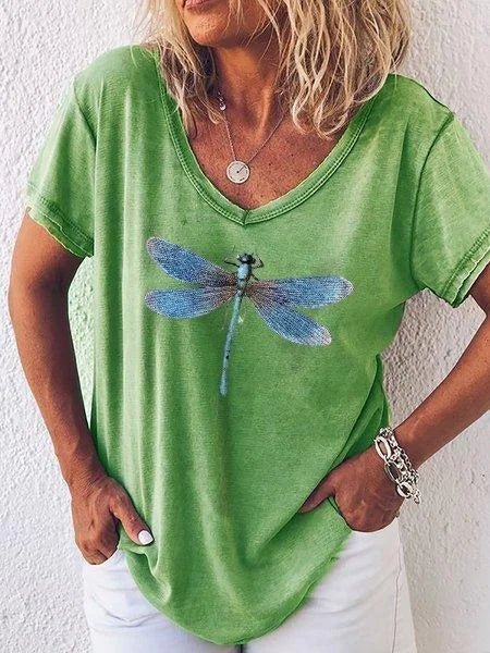 Luna | Kvinders V-Hals Kortærmet T-Shirt med Drageflue Print