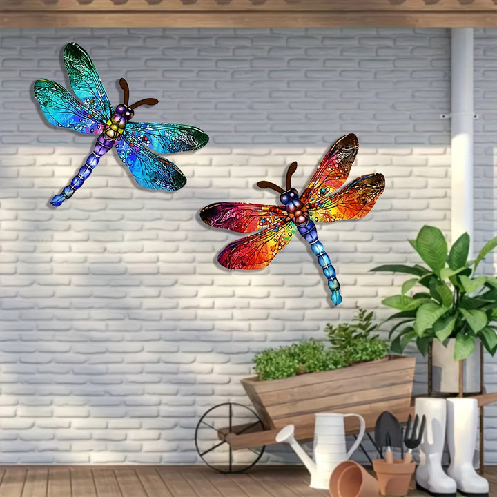 Farverig Metal Dragonfly Vægkunst til Indendørs og Udendørs Dekor
