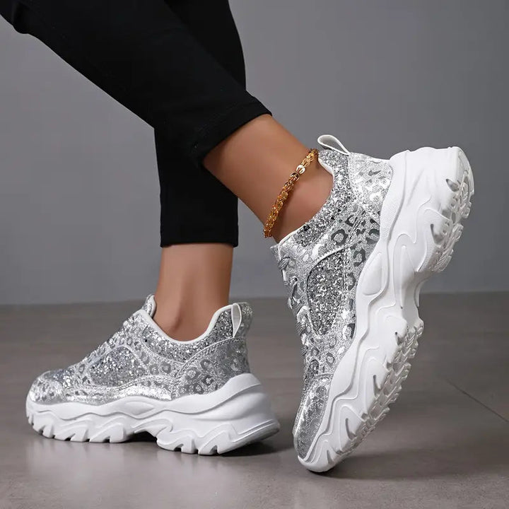 Glitrende sølv chunky sneakers til kvinder med høj sål