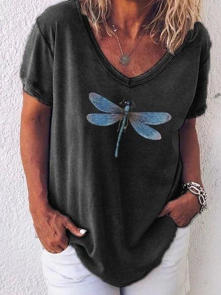 Luna | Kvinders V-Hals Kortærmet T-Shirt med Drageflue Print