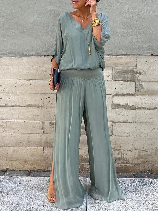 Olive | Kvinders V-hals Batwing Ærme Bred Ben Jumpsuit 2 Del