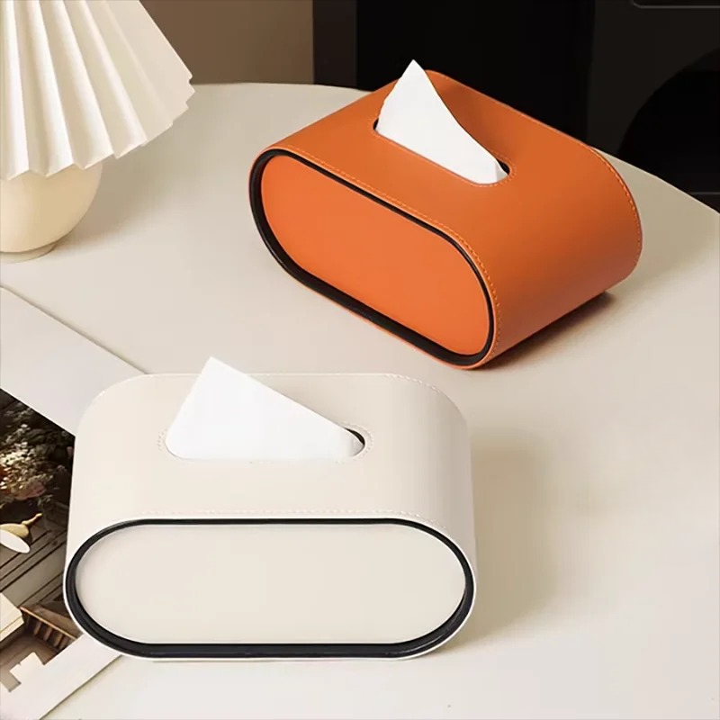 Elegant Oval Læder Tissue Box med Kontrasterende Kanter