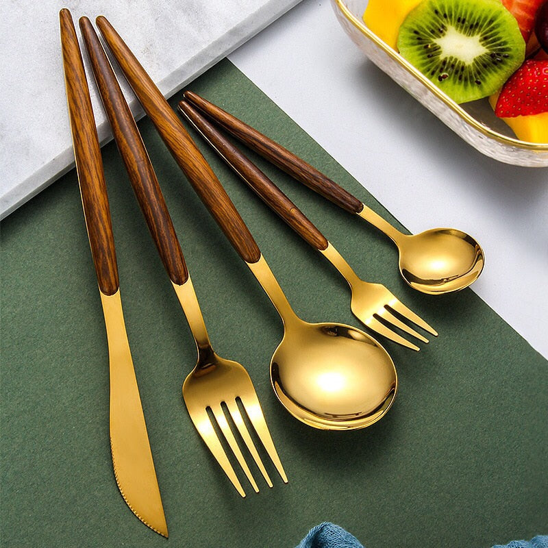 Elegant Træbestik Sæt med Rustfrit Stål - Kniv, Gaffel, Ske, Teske