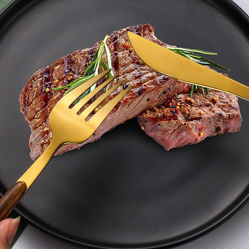 Elegant Træbestik Sæt med Rustfrit Stål - Kniv, Gaffel, Ske, Teske