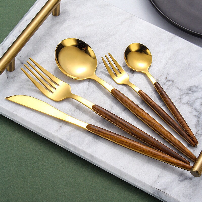 Elegant Træbestik Sæt med Rustfrit Stål - Kniv, Gaffel, Ske, Teske