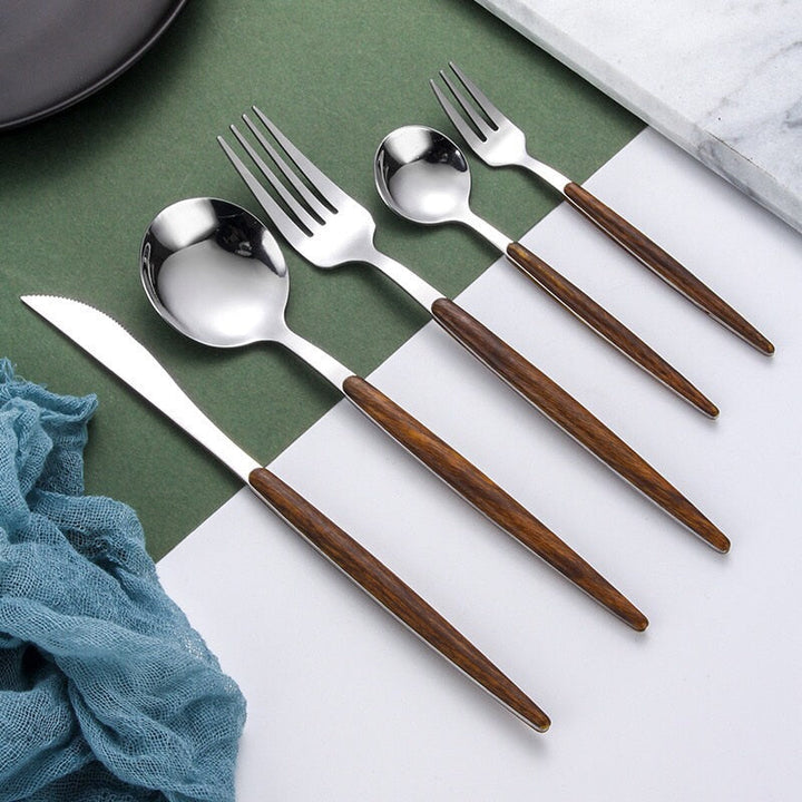 Elegant Træbestik Sæt med Rustfrit Stål - Kniv, Gaffel, Ske, Teske