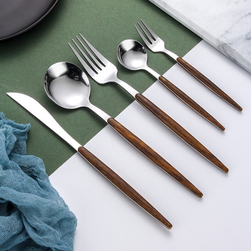 Elegant Træbestik Sæt med Rustfrit Stål - Kniv, Gaffel, Ske, Teske