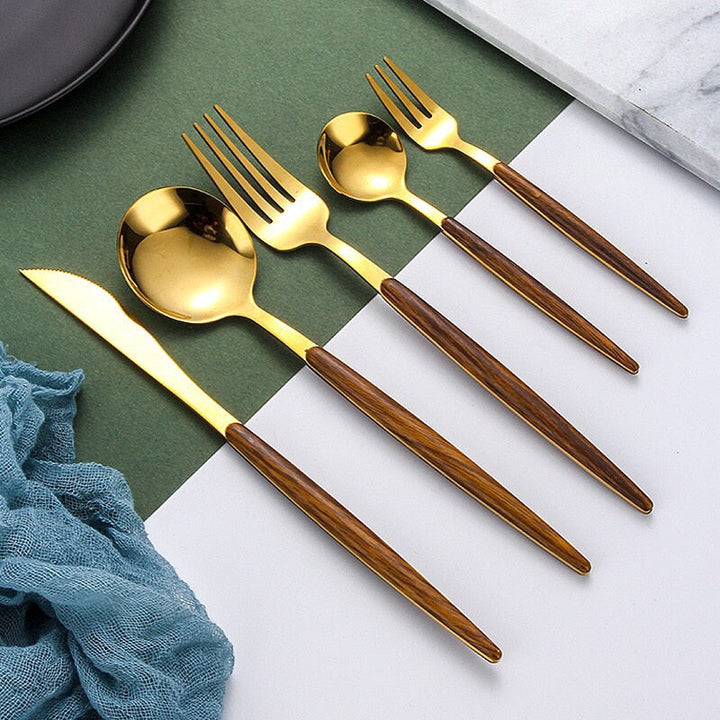Elegant Træbestik Sæt med Rustfrit Stål - Kniv, Gaffel, Ske, Teske