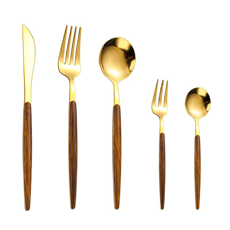 Elegant Træbestik Sæt med Rustfrit Stål - Kniv, Gaffel, Ske, Teske