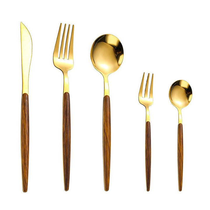 Elegant Træbestik Sæt med Rustfrit Stål - Kniv, Gaffel, Ske, Teske