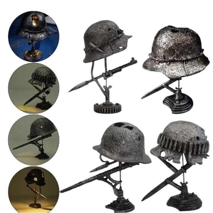Vintage Militær Hjelm Bordlampe med LED Flammeeffekt i Rustfrit Stål