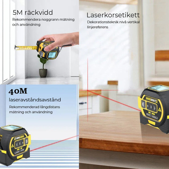 3-i-1 Laserafstandsmåler med Målebånd og Krydslinjeværktøj
