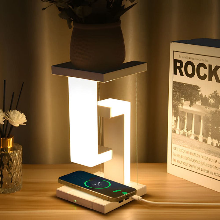 Svævende LED Bordlampe med Trådløs Opladning og Blødt Ambient Lys