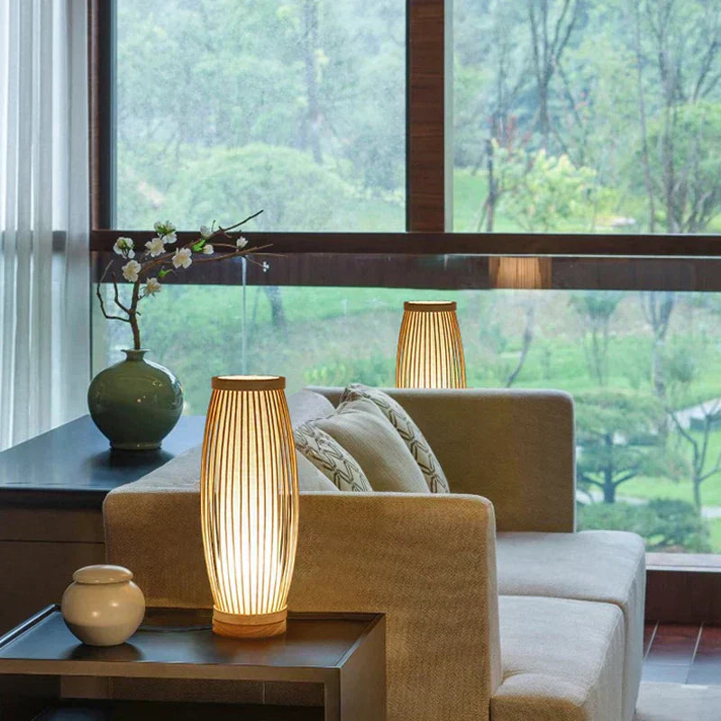 Japansk Håndlavet Bambus Bordlampe med Blødt Hvidt Lys