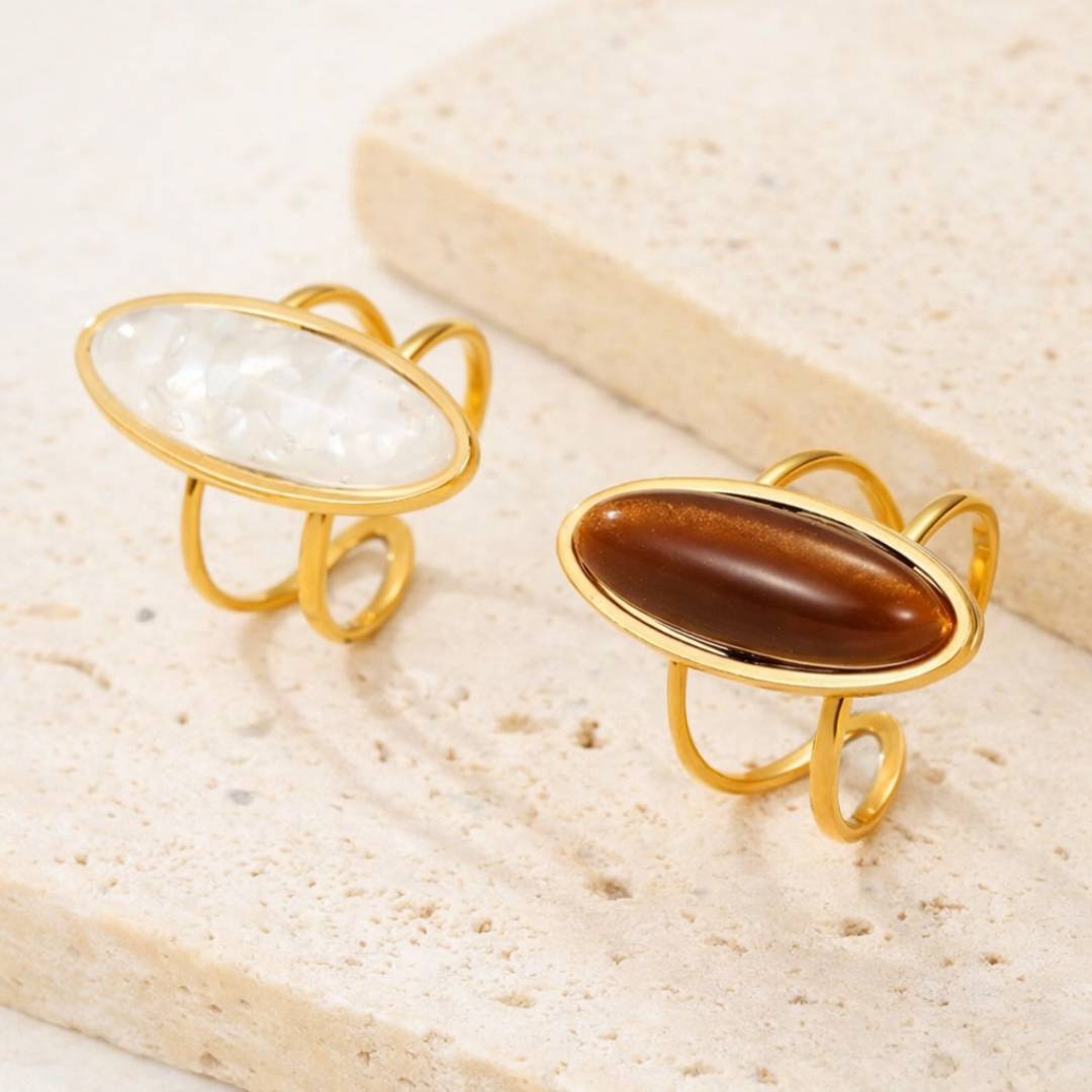 Boheme Ring Sæt i Guld med Natursten – Hvid Agat & Tigerøje Look