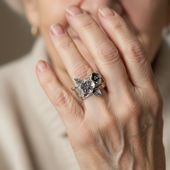 Vintage Blomst Sølv Lag Ring