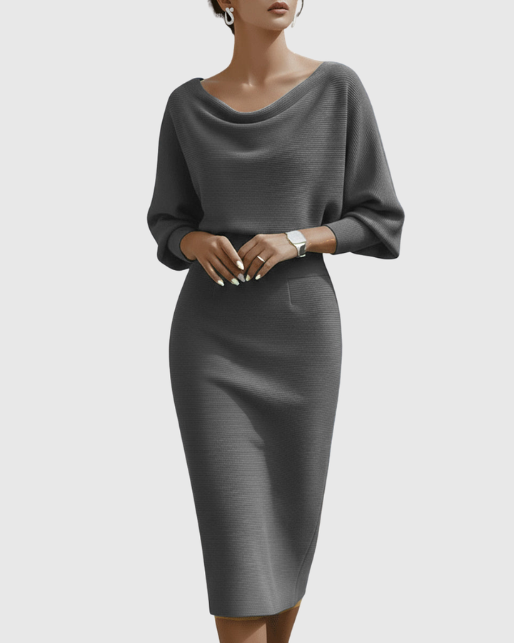 Vivienne | Kvinders Cowl Neck Batwing Ærme Ribbet Midi Kjole