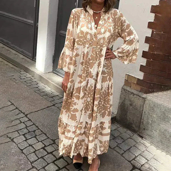 Harmony | Kvinders Boho Flowy Printed Draped Maxi Kjole Casual