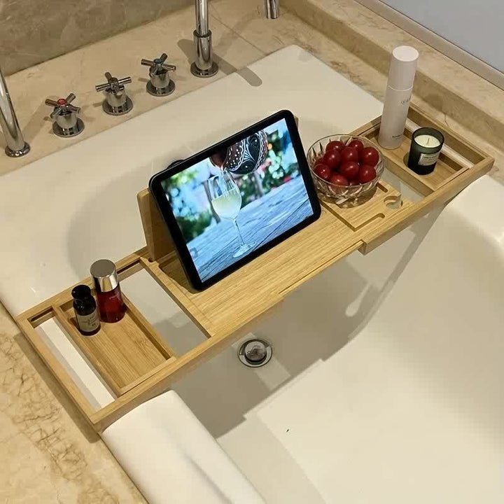 Justerbart Bambus Badekar Tray med Opbevaringsrum