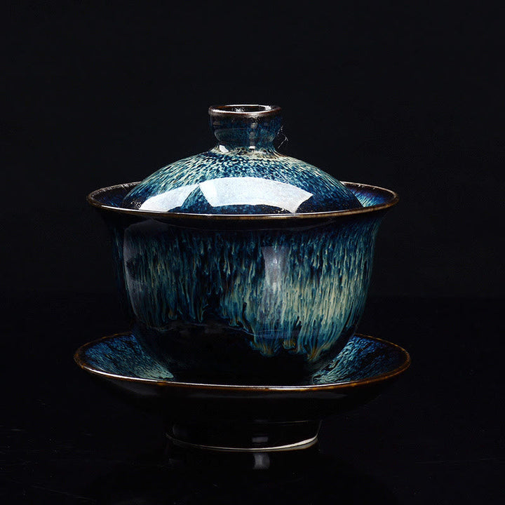 Elegant Keramisk Gaiwan Te Sæt med Sancai Glasur