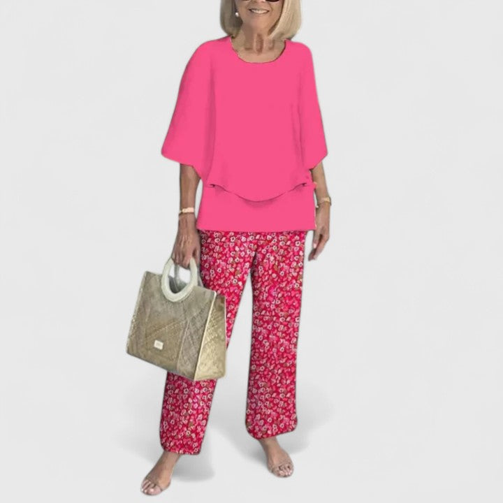 Fern | Kvinders afslappede blomsterprint top og brede bukser sæt