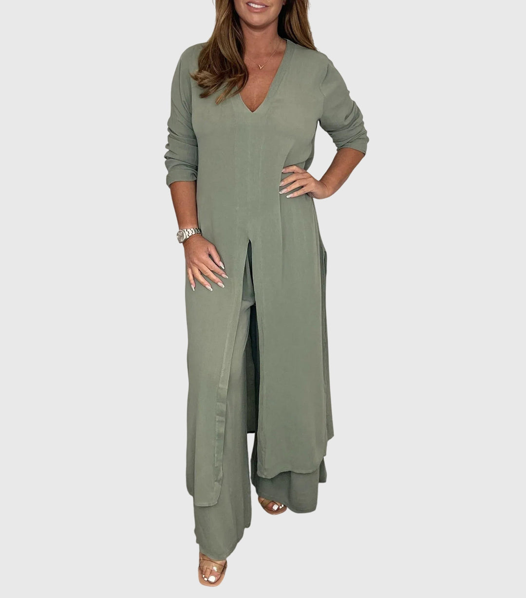 Perle | Kvinders Duster Cardigan To-Delt Sæt Bred Ben Bukser
