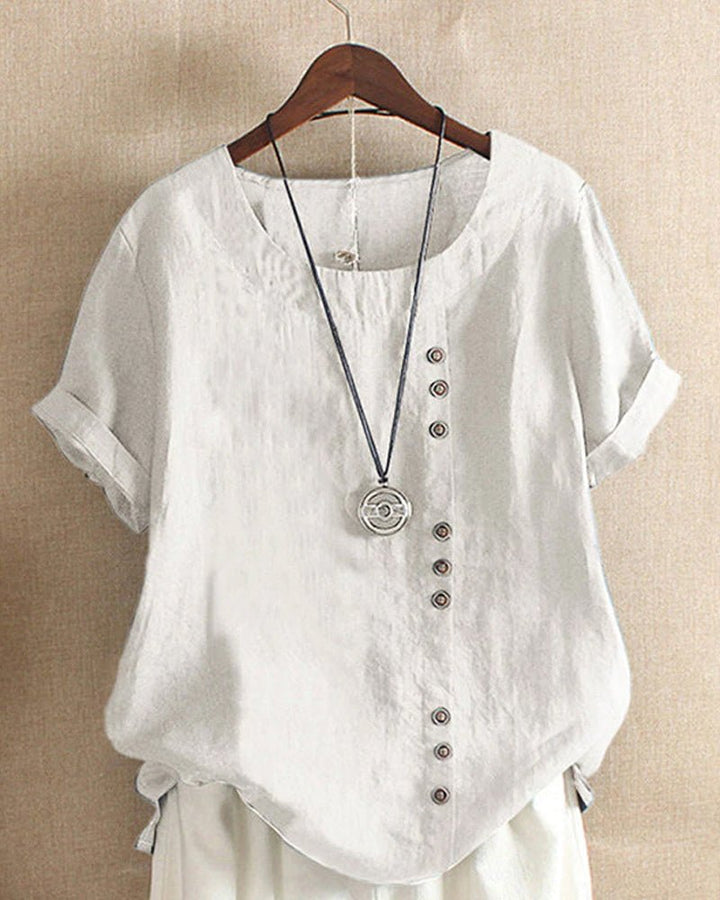 Linned | Kvinders Knappet Front Crew Neck Kort Ærmet Casual Top