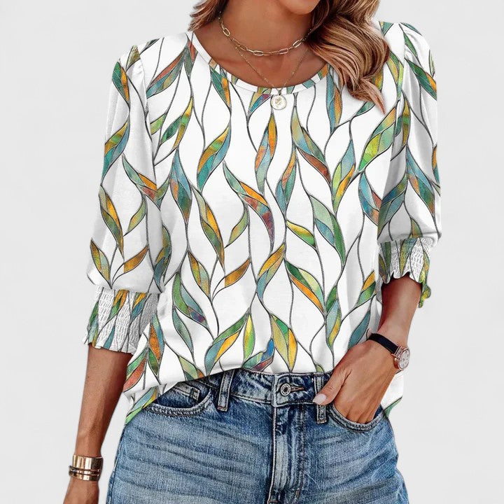 Harper | Kvinders Smocket Manchet 3/4 Ærme Crew Neck Top