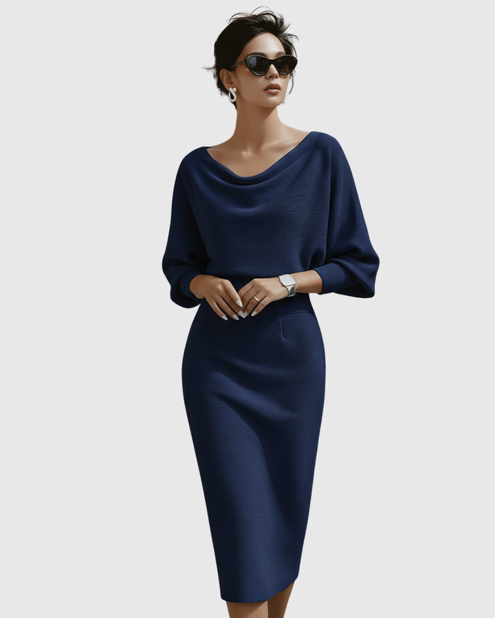 Vivienne | Kvinders Cowl Neck Batwing Ærme Ribbet Midi Kjole