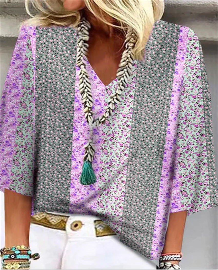 Mosaic | Kvinders Ditsy Blomster Patchwork V-Hals 3/4 Ærme Top
