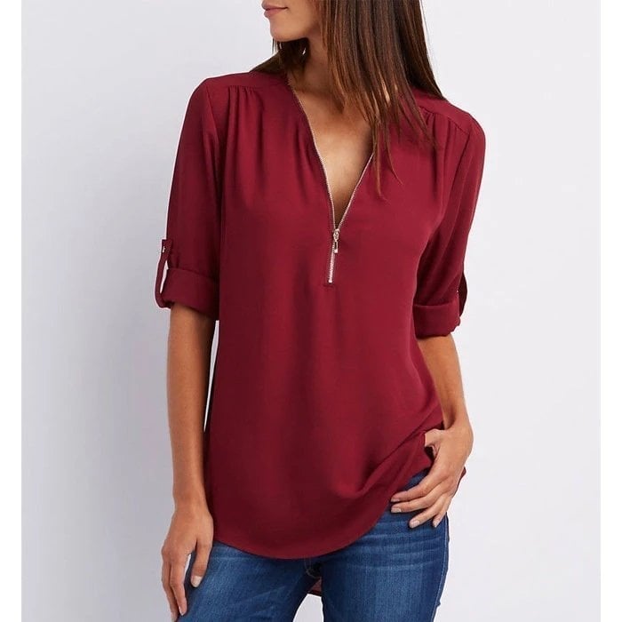 Rosé | Kvinders Casual Bluse med Lynlås, V-Hals og Halv Ærme